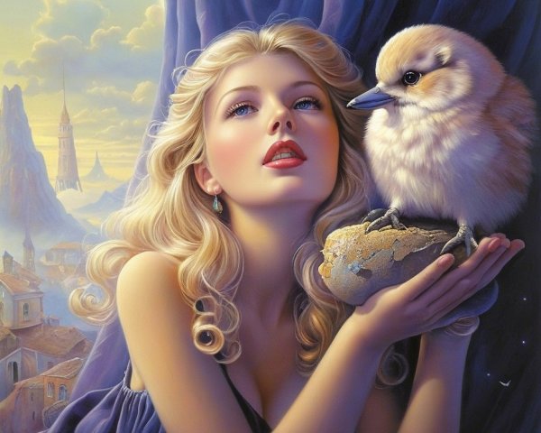 Ethereal Woman with Chick in Mystical Landscape