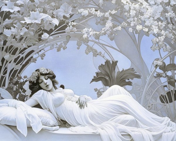 Ethereal Woman in White Gown Among Floral Motifs