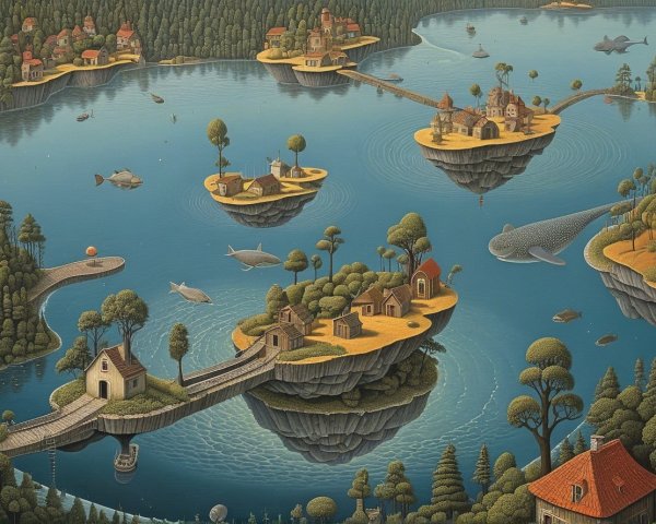 Whimsical Floating Islands with Charming Cottages and Water