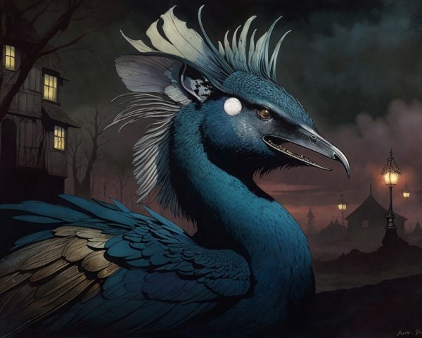 Fantastical Blue Bird with Ornate Crest and Foggy Scene