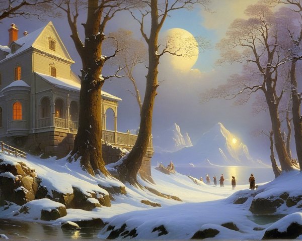 Winter Landscape with Snow-Covered House and Stream