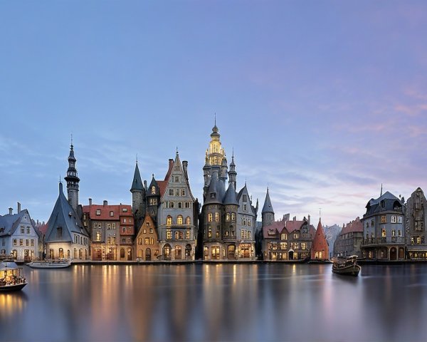 Waterfront Scene with Diverse Architectural Styles