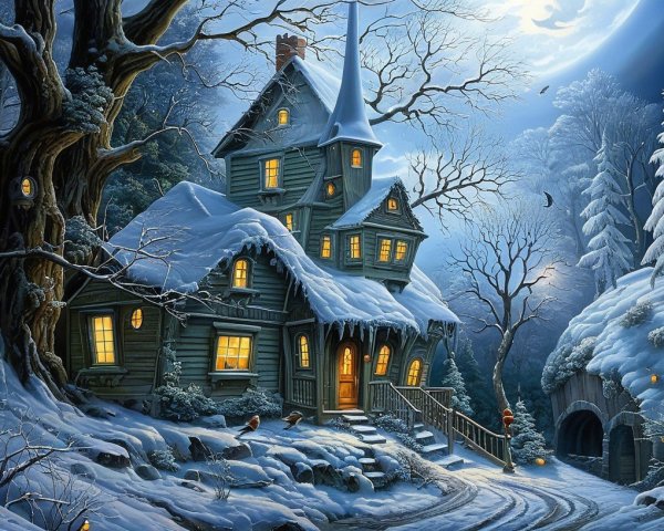 Whimsical Snow-Covered Cottage in Winter Landscape