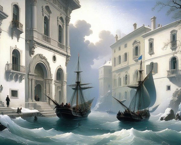 Serene Winter Scene with Sailing Ships and Architecture