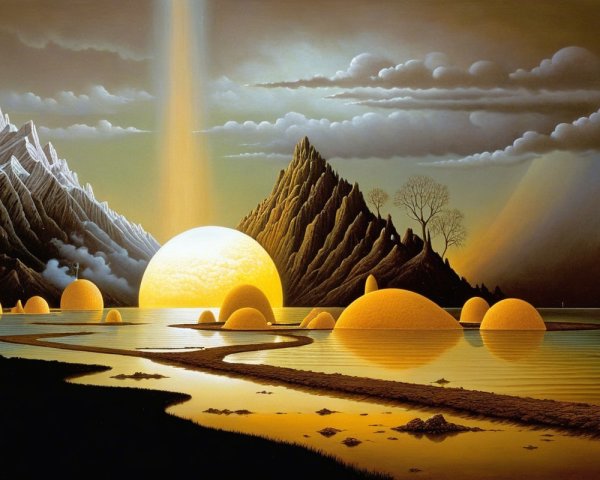 Surreal Landscape with Golden Sun and Tranquil Waters