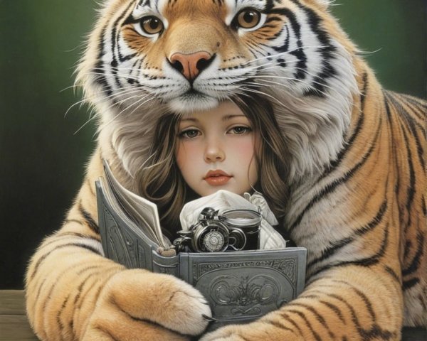 Young girl with tiger and ornate book in serene setting