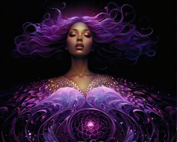 Serene figure with vibrant purple hair and patterns