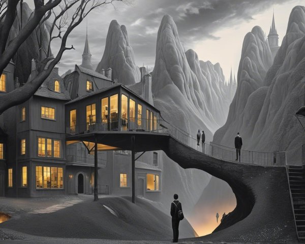 Surreal Landscape with Abstract Mountains and Village