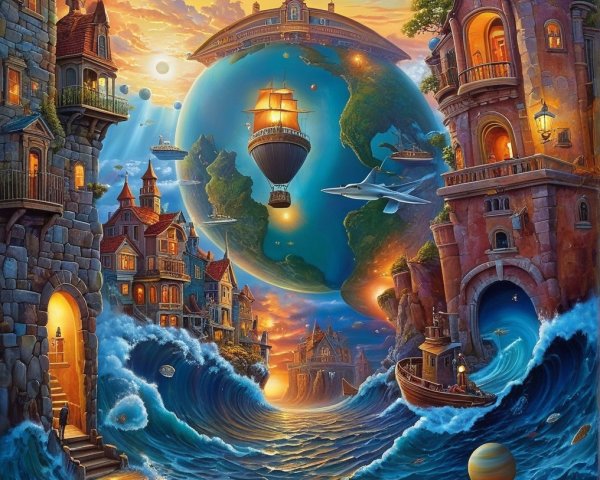 Surreal Landscape with Globe, Ships, and Villages