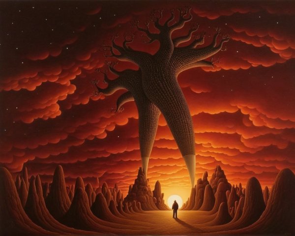 Surreal Landscape with Abstract Trees and Dramatic Sky