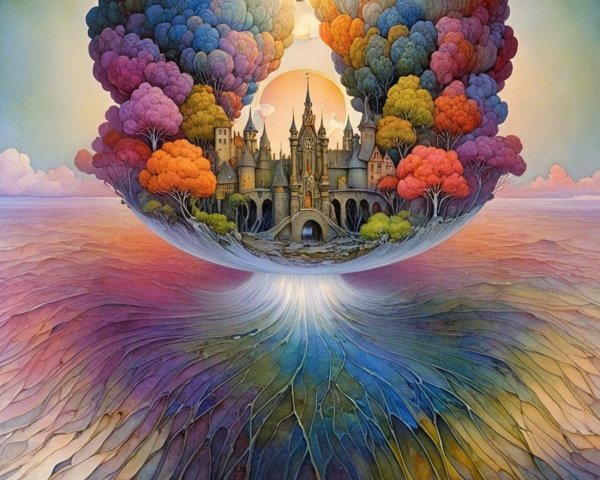 Surreal Landscape with Colorful Castle and Trees