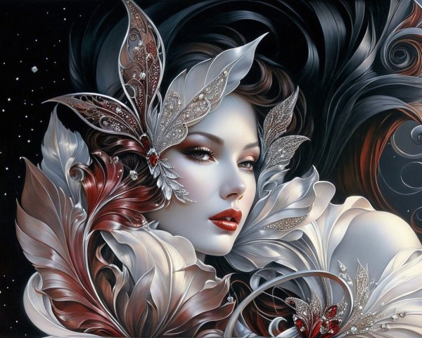 Ethereal Woman with Butterfly Motifs and Lush Background
