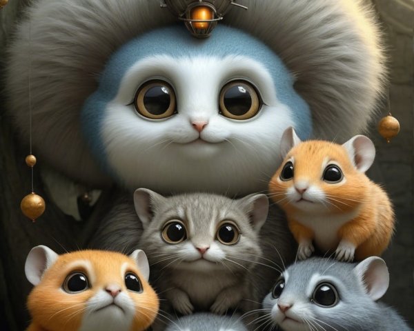Whimsical Scene with Fluffy Blue Creature and Rodents
