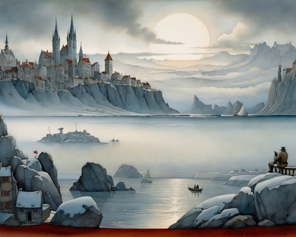 Twilight Scene of a Medieval Town by the Sea
