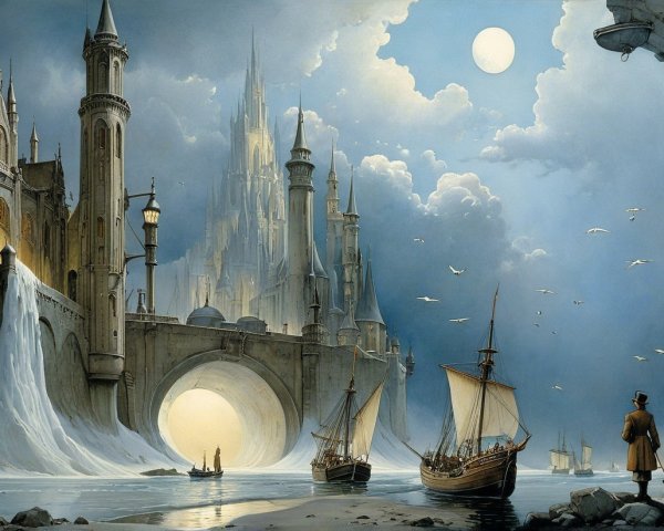 Fantastical Landscape with Castles and Moonlit Sky