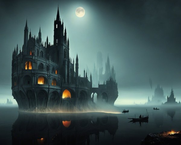 Gothic Castle by Misty Lake Under Full Moonlight