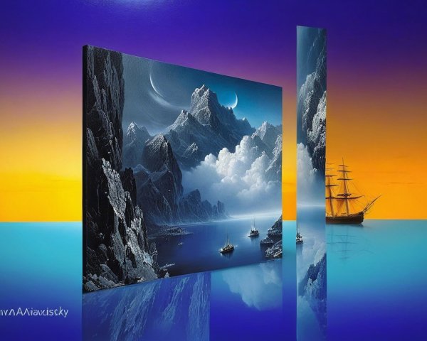 Surreal Landscape with Mountains and Serene Sea