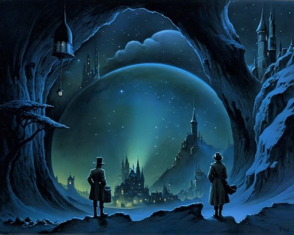Mystical Night Landscape with Silhouetted Figures