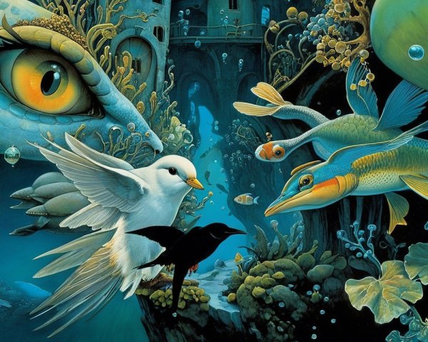 Surreal Underwater Scene with Marine Life and Plants