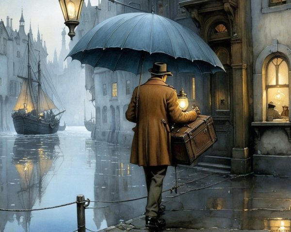 Misty Cobblestone Street with Vintage Ship and Umbrella