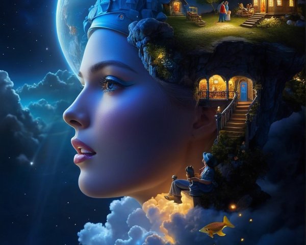 Surreal Portrait of a Woman with Dreamlike Landscape