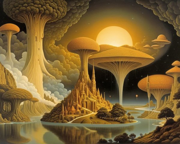Fantastical Landscape with Mushroom Trees and Castle