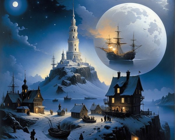 Mystical Nighttime Scene with Tower and Sailing Ship