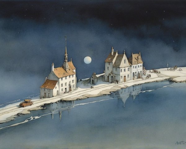 Tranquil Night Scene with Quaint Buildings and Moonlight