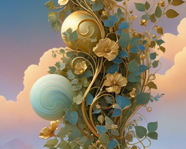 Whimsical Plant Composition with Golden Flowers and Spheres