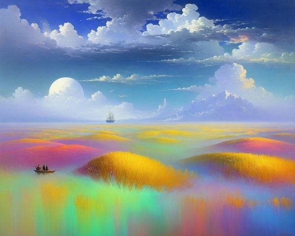 Vibrant Landscape with Moonlit Sky and Boats