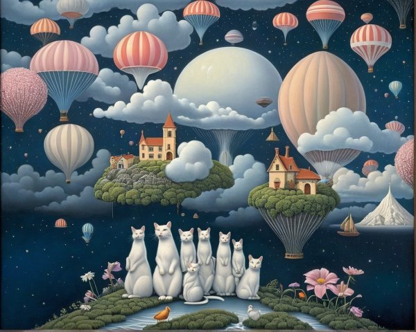 Dreamlike Landscape with Floating Islands and Cats