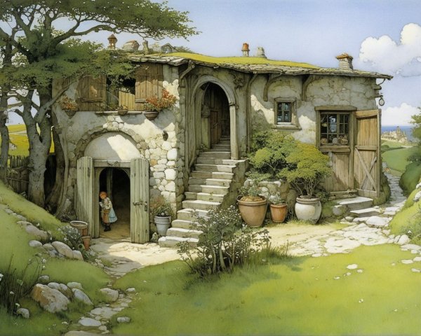 Charming Stone Cottage in a Whimsical Countryside Scene