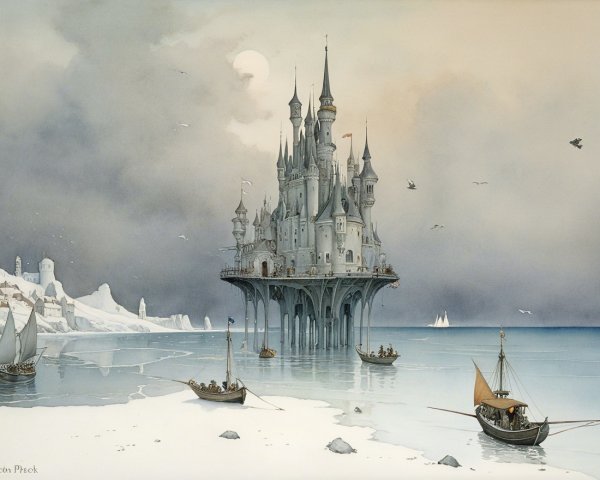 Surreal Castle on Calm Waters with Whimsical Spires
