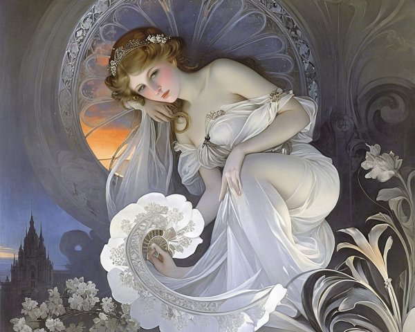 Serene Figure in White Gown Surrounded by Floral Motifs