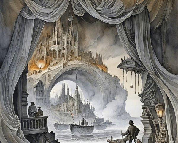 Fantastical City with Ethereal Bridge and Silhouettes