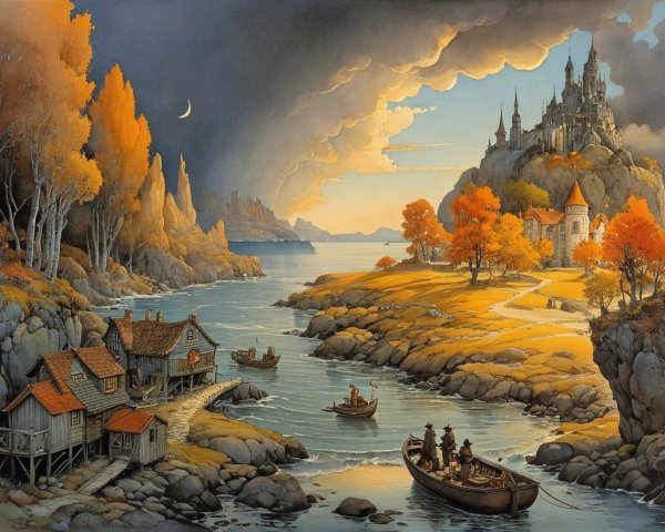 Quaint Village by River with Castle and Autumn Trees