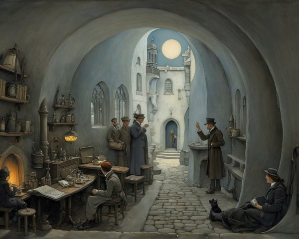 Moonlit Alleyway Scene with Quaint Shops and Cat