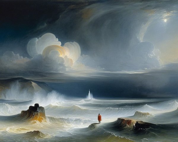 Dramatic Seascape with Waves and Lighthouse Glow