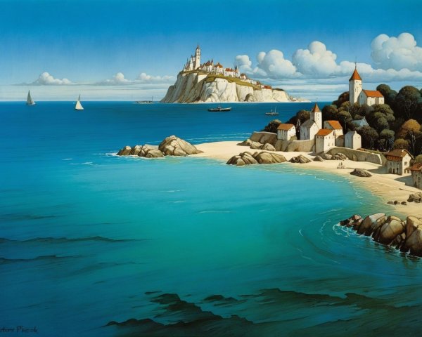 Coastal Scene with Sailboats and Charming Houses