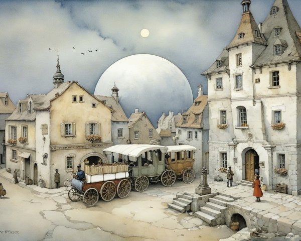 Charming Village Scene with Moonlit Atmosphere