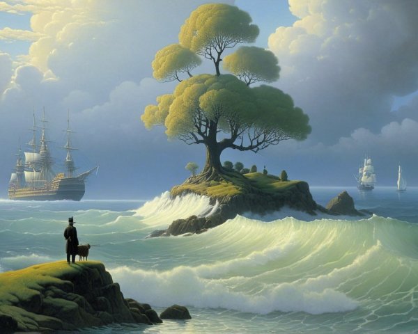 Serene Seascape with Waves, Ships, and Rainbow