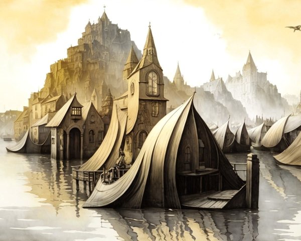 Whimsical Waterfront Scene with Tent-like Structures