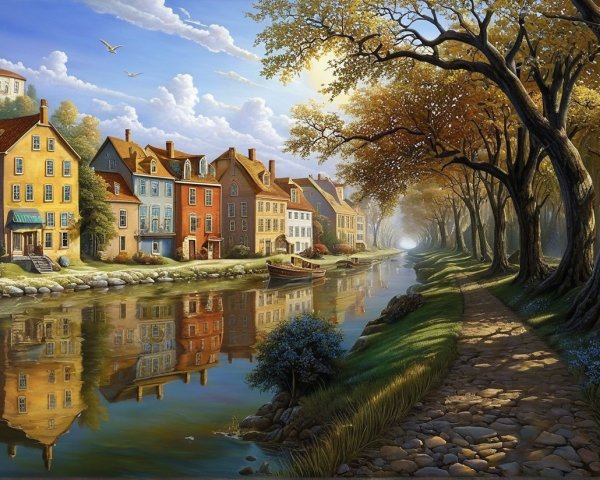 Charming Riverside Scene with Colorful Houses and Trees