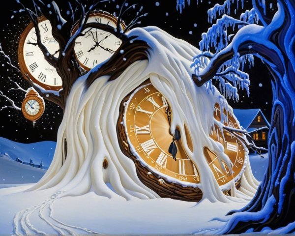 Whimsical Winter Scene with Clocks and Snowfall