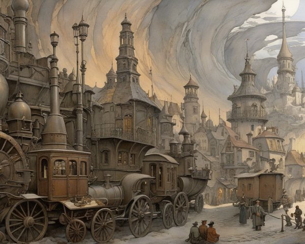 Steampunk Cityscape with Vehicles and Whimsical Architecture