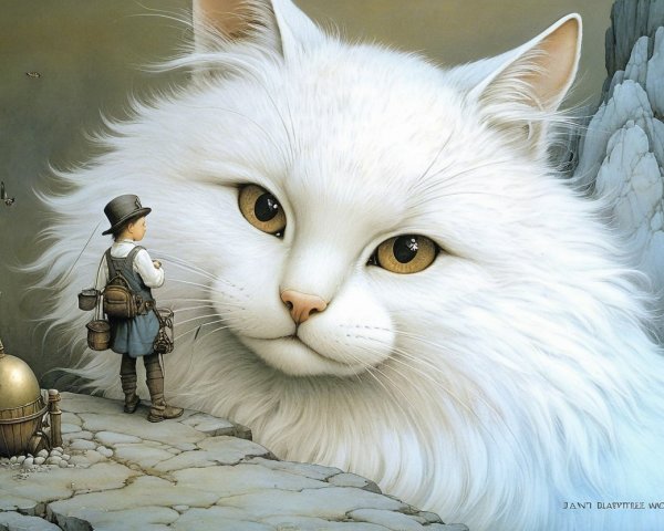 Enormous White Cat in Dreamlike Landscape Scene