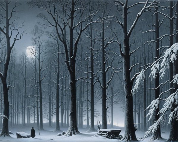 Moonlit Winter Forest with Snow and Cloaked Figure