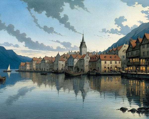 Serene Waterside Village with Charming Architecture