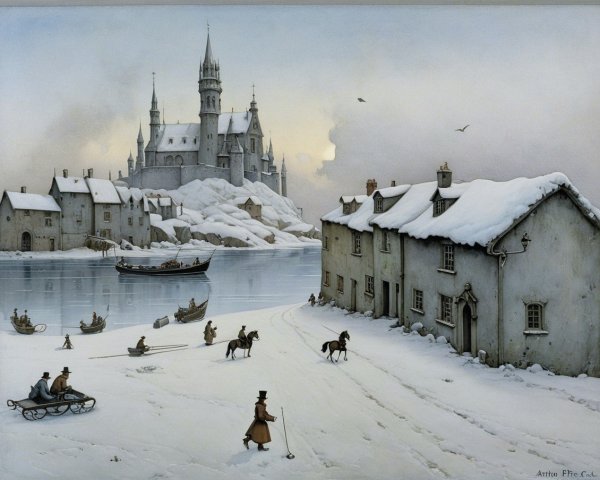Winter Landscape with Castle and Frozen Lake Activities