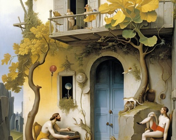 Serene courtyard scene with music and autumn foliage